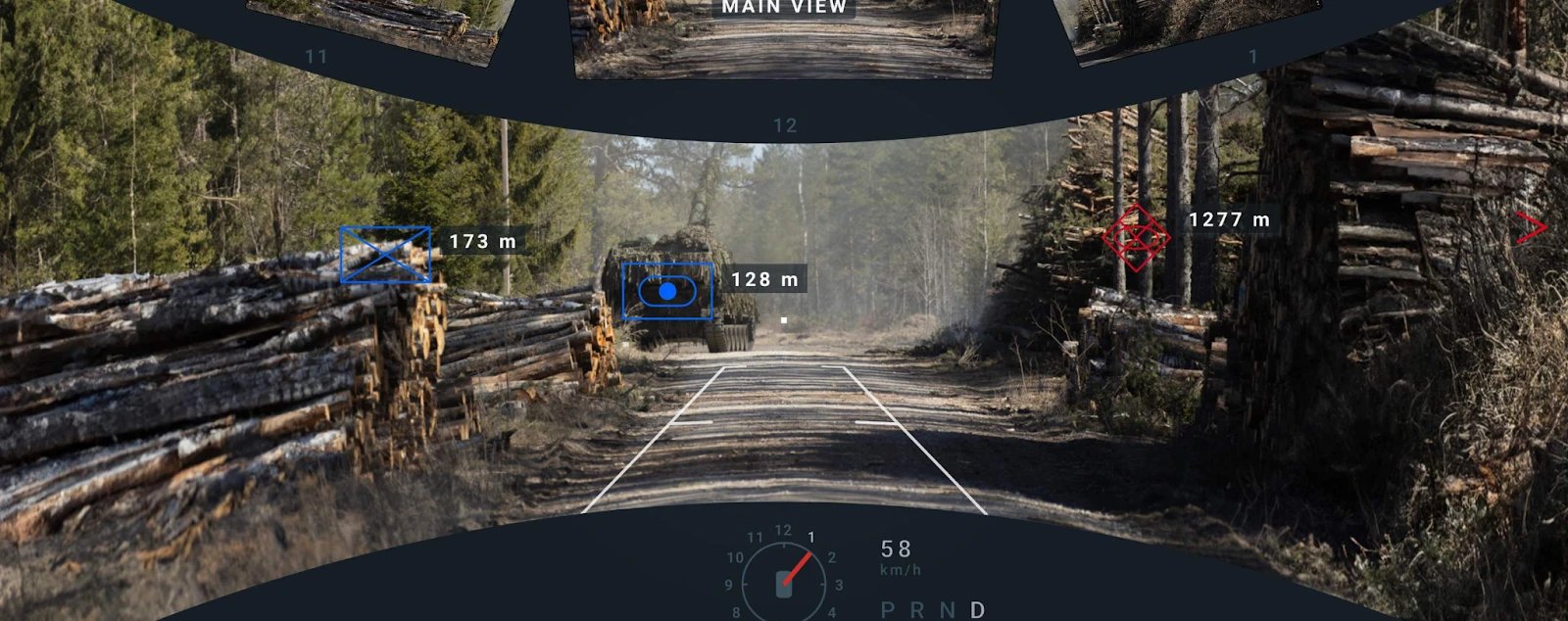 Vegvisir driver view illustration: a forest road seen through the system, with distance markers on a vehicle and targets, driving guide lines, and speed and gear readouts