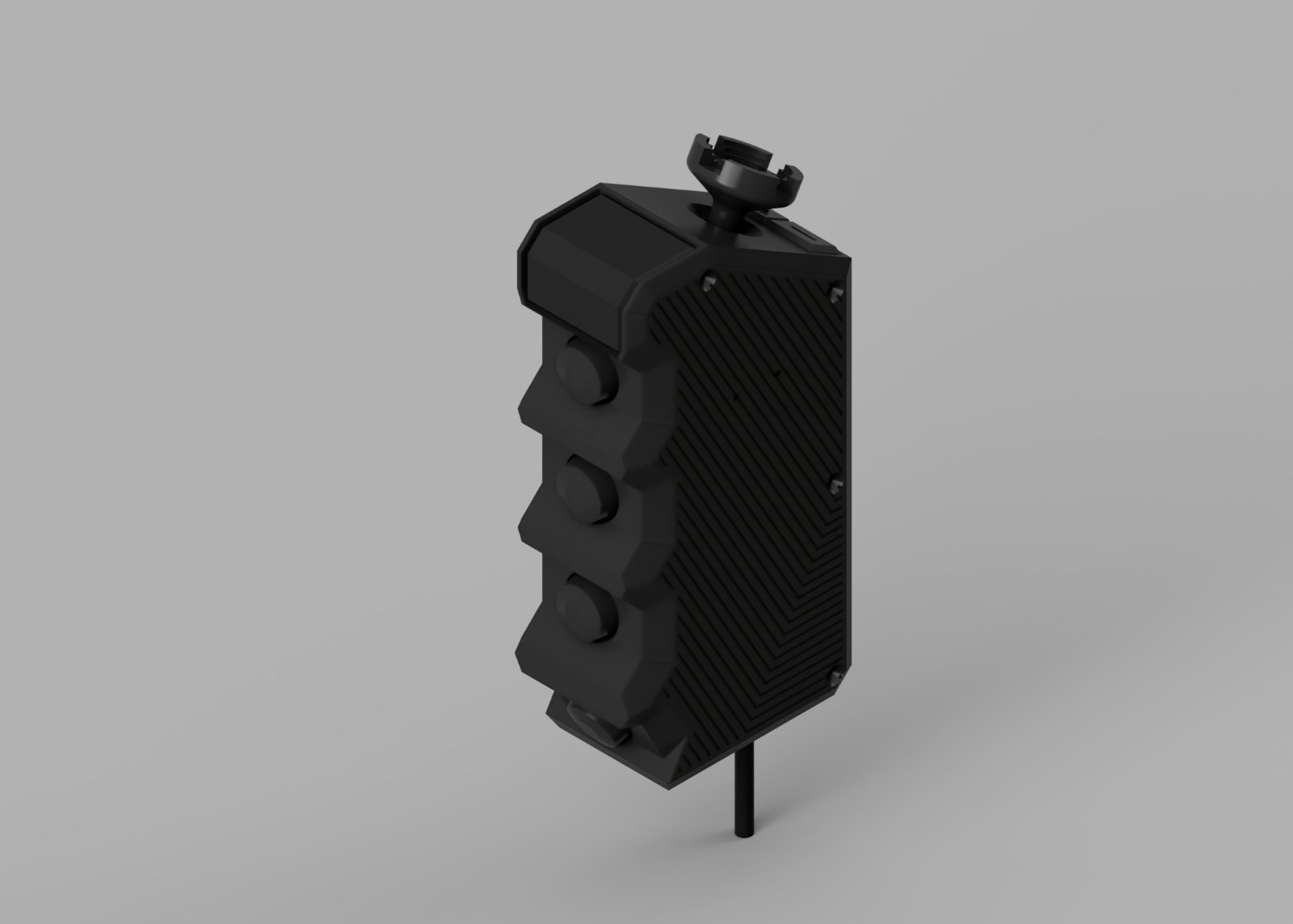 Product render of the Vegvisir Mission Grip, a handheld control panel with three buttons and a thumb control