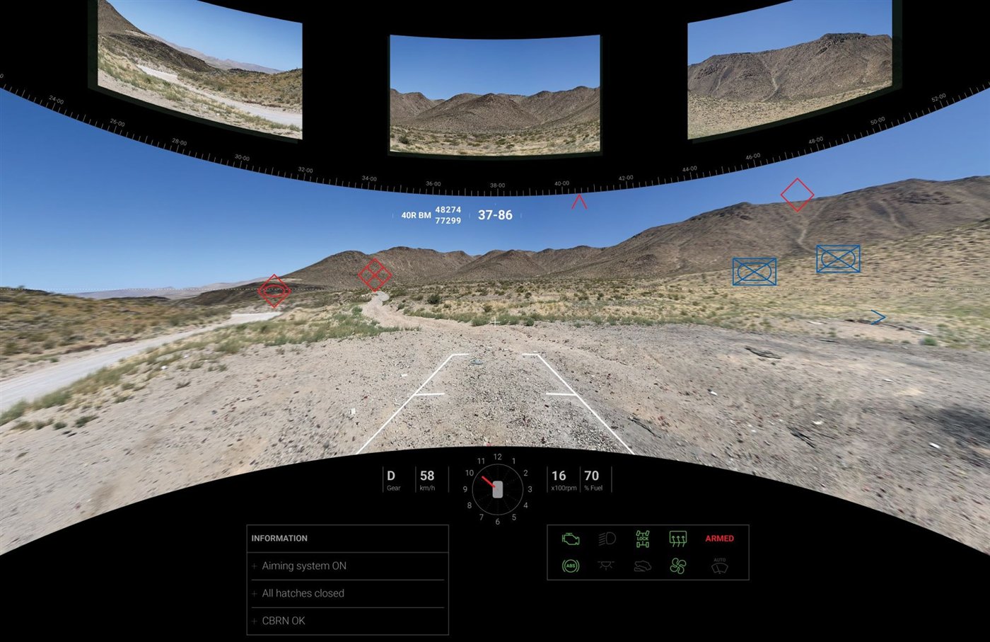 Vegvisir user interface: a 360° desert driving view with camera panels, a heading scale, target markers, driving guide lines and vehicle status readouts